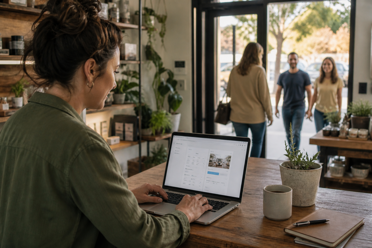 Small business owner optimizing an online business profile in a local shop