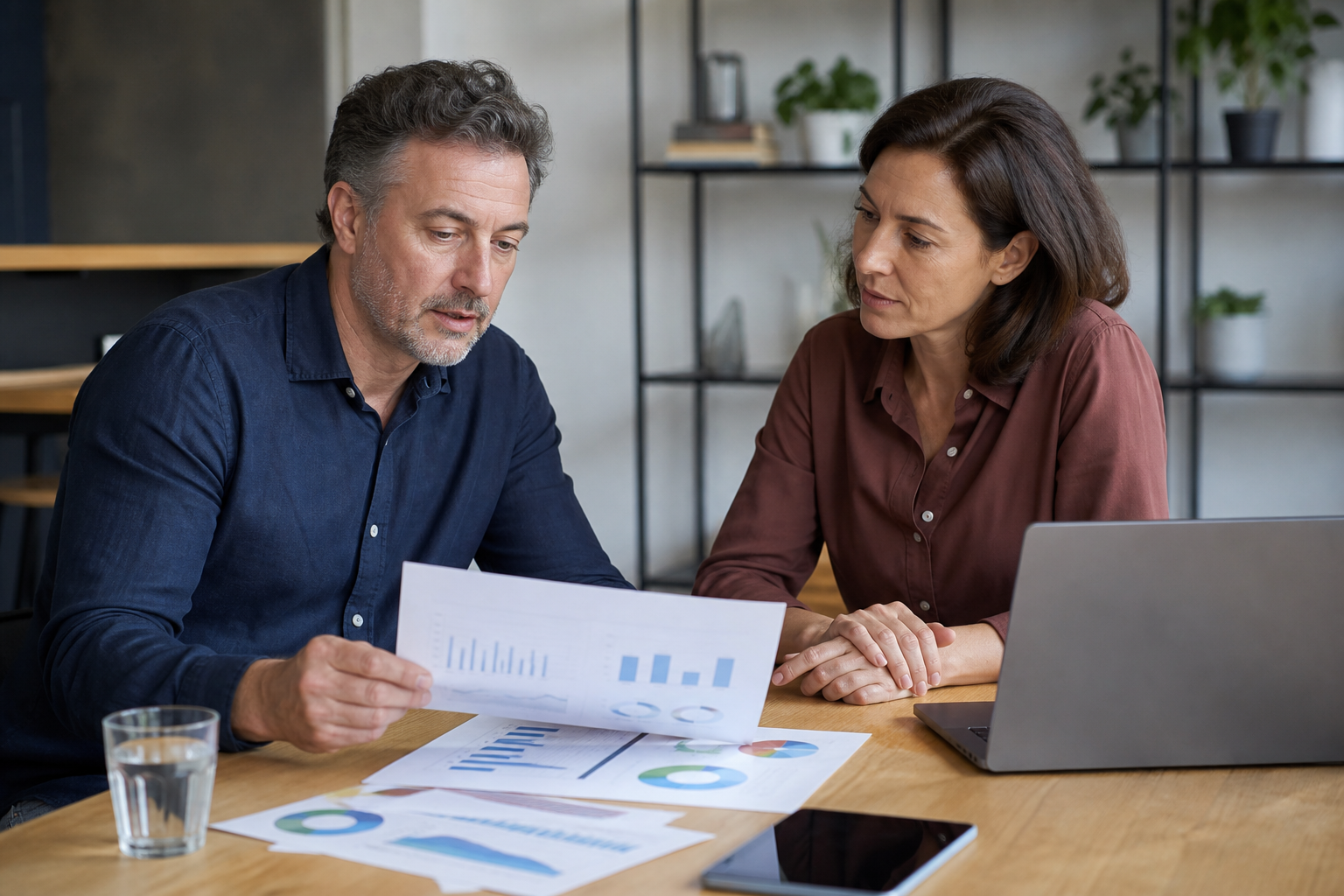 Business owner and adviser reviewing cash flow, staffing capacity and sales pipeline