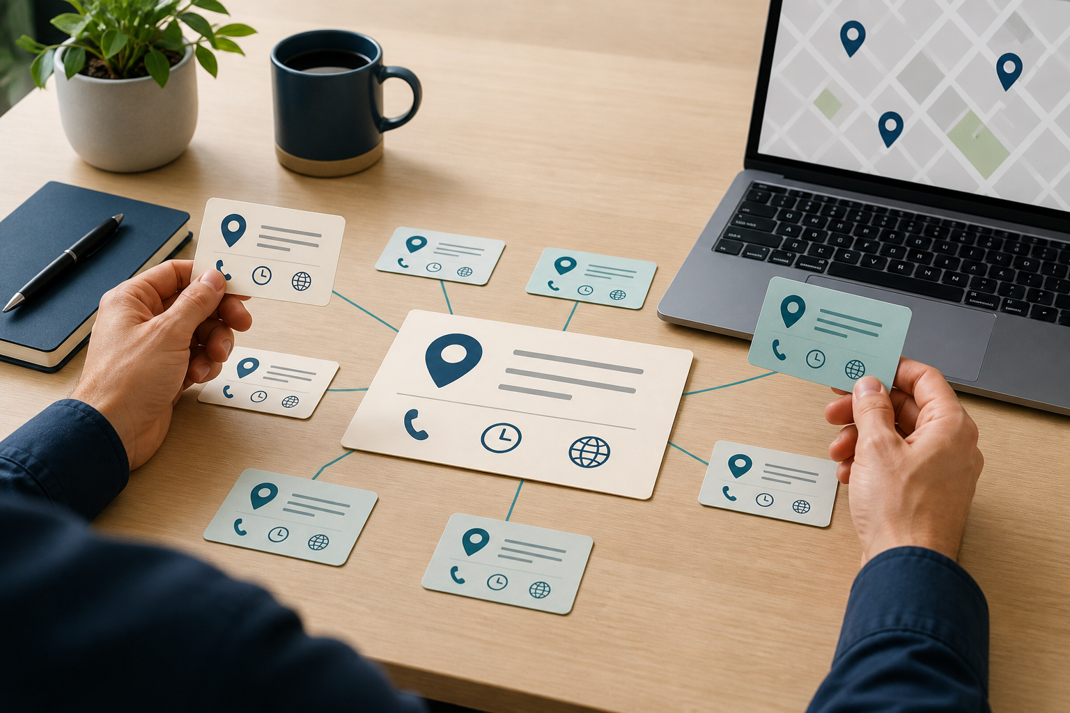 Business owner auditing local citation details with phone, opening hours, map pin and website information