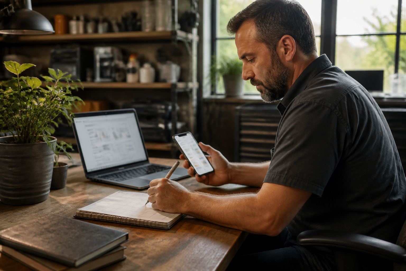 Local service business manager updating business information on a laptop with a calendar and smartphone