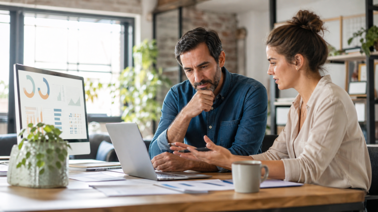 Small business owner reviewing online reputation signals with a consultant