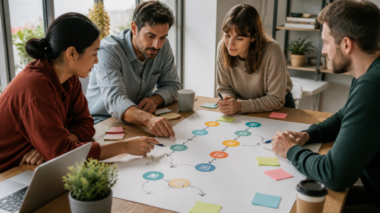 Small business marketing team mapping a digital customer journey across channels