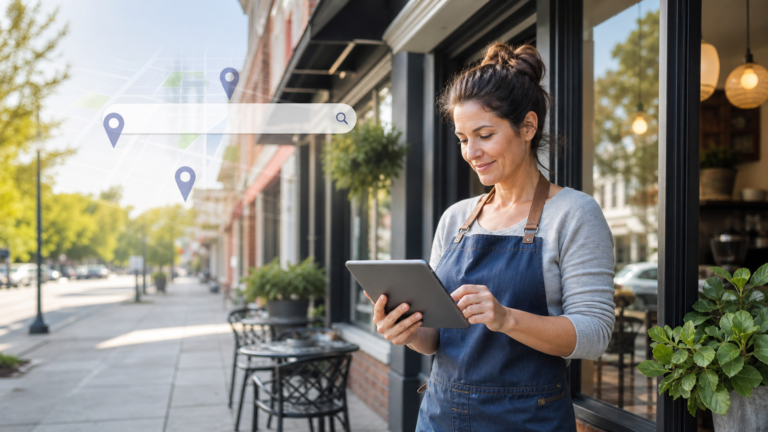 Local business owner using a tablet outside a neighborhood storefront for local SEO