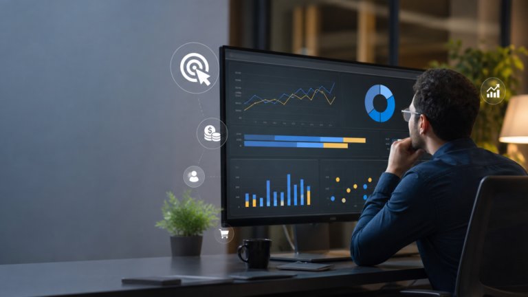 Performance marketer reviewing PPC advertising analytics and conversion results