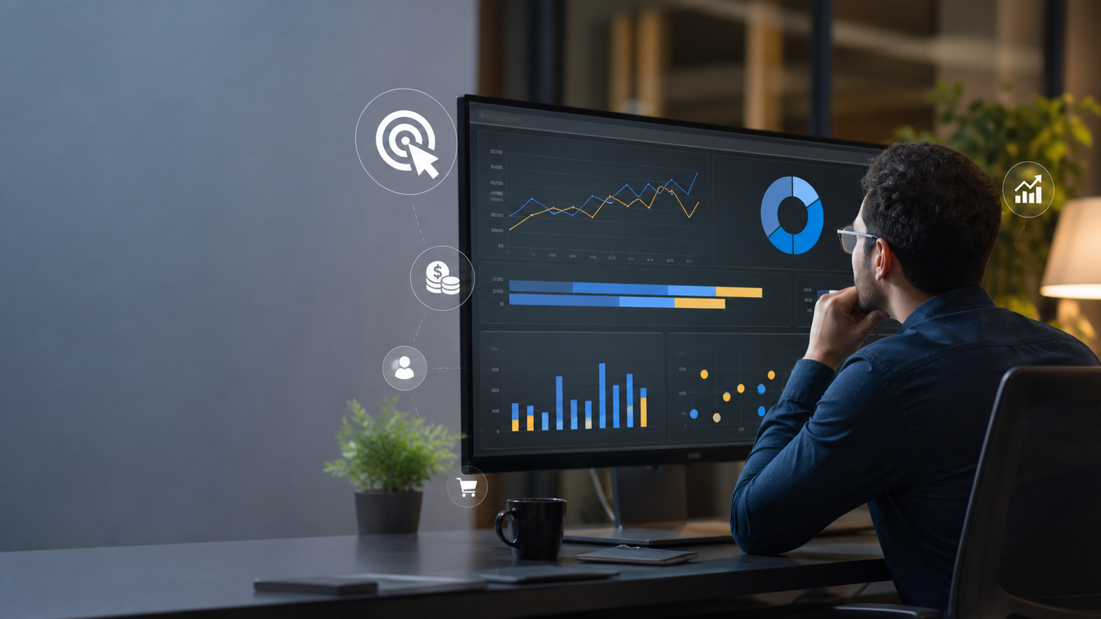 Performance marketer reviewing PPC advertising analytics and conversion results