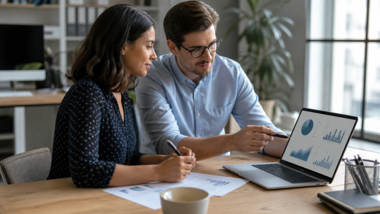 Small business owner and analyst reviewing a marketing performance dashboard