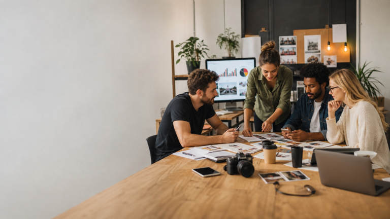 Small business team planning a social media marketing strategy