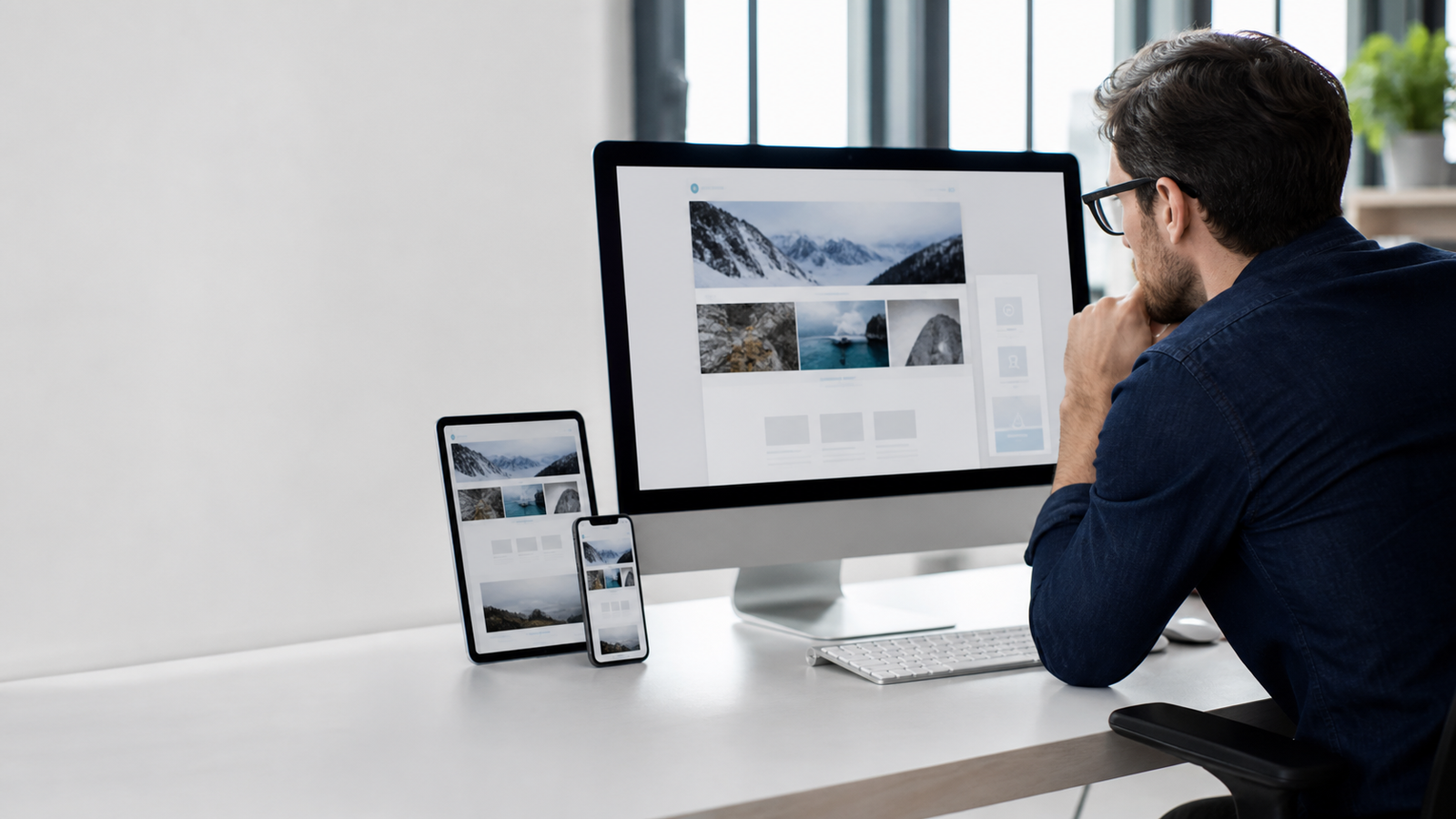 UX designer reviewing a responsive business website on desktop, tablet and phone