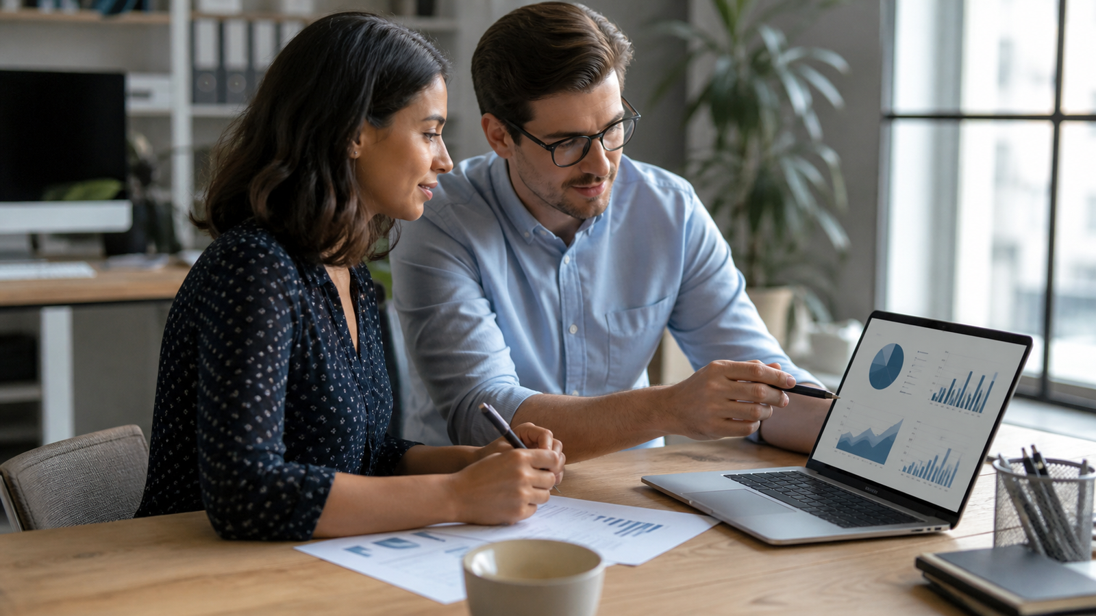 Small business owner and analyst reviewing a marketing performance dashboard