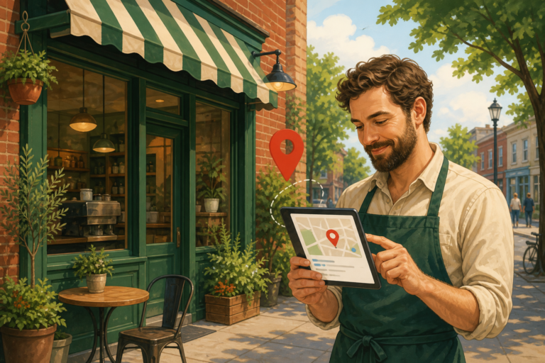 Local café owner reviewing a Google Business Profile map listing outside a storefront