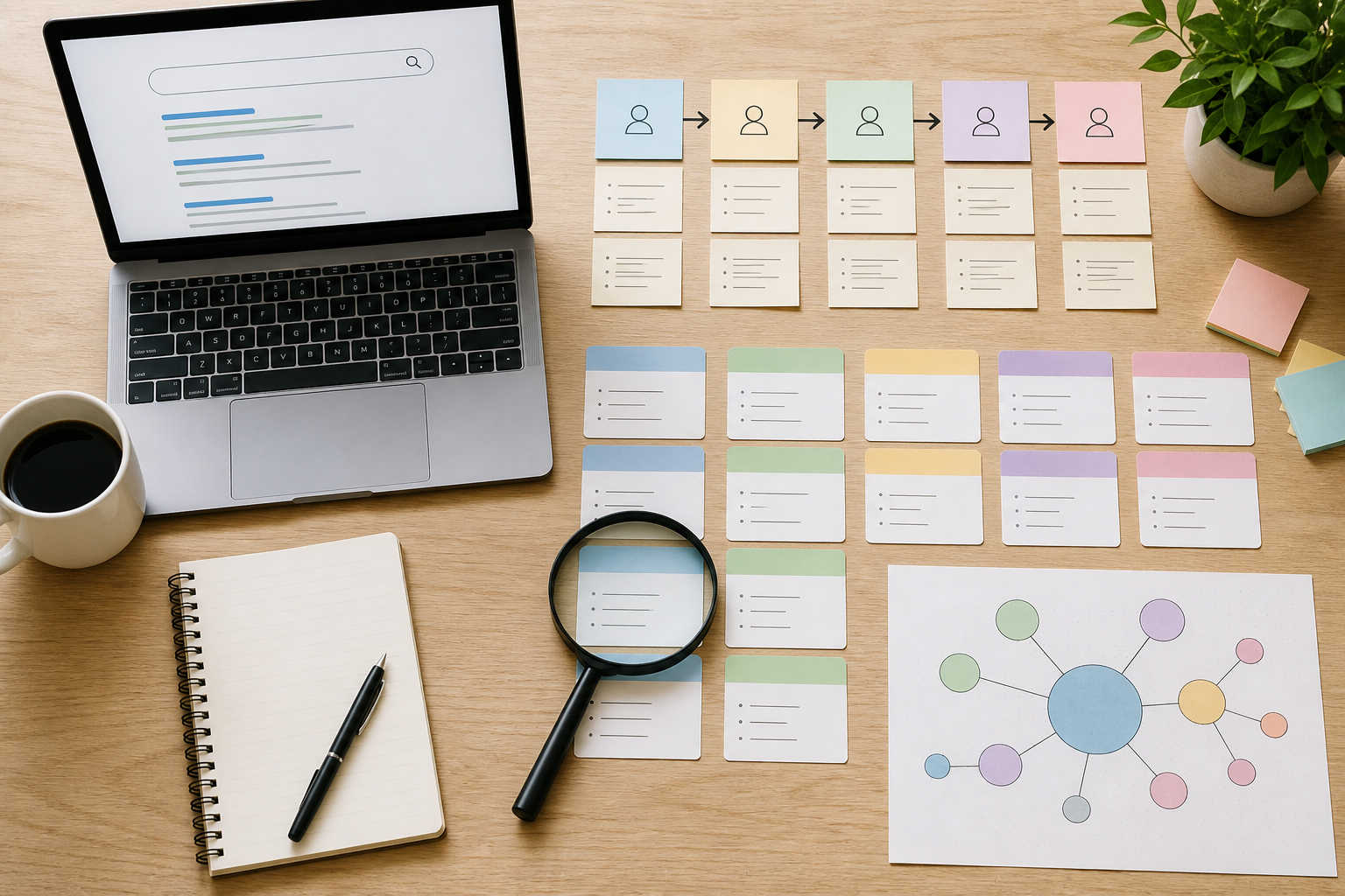 SEO keyword research workspace with search intent groups and topic map