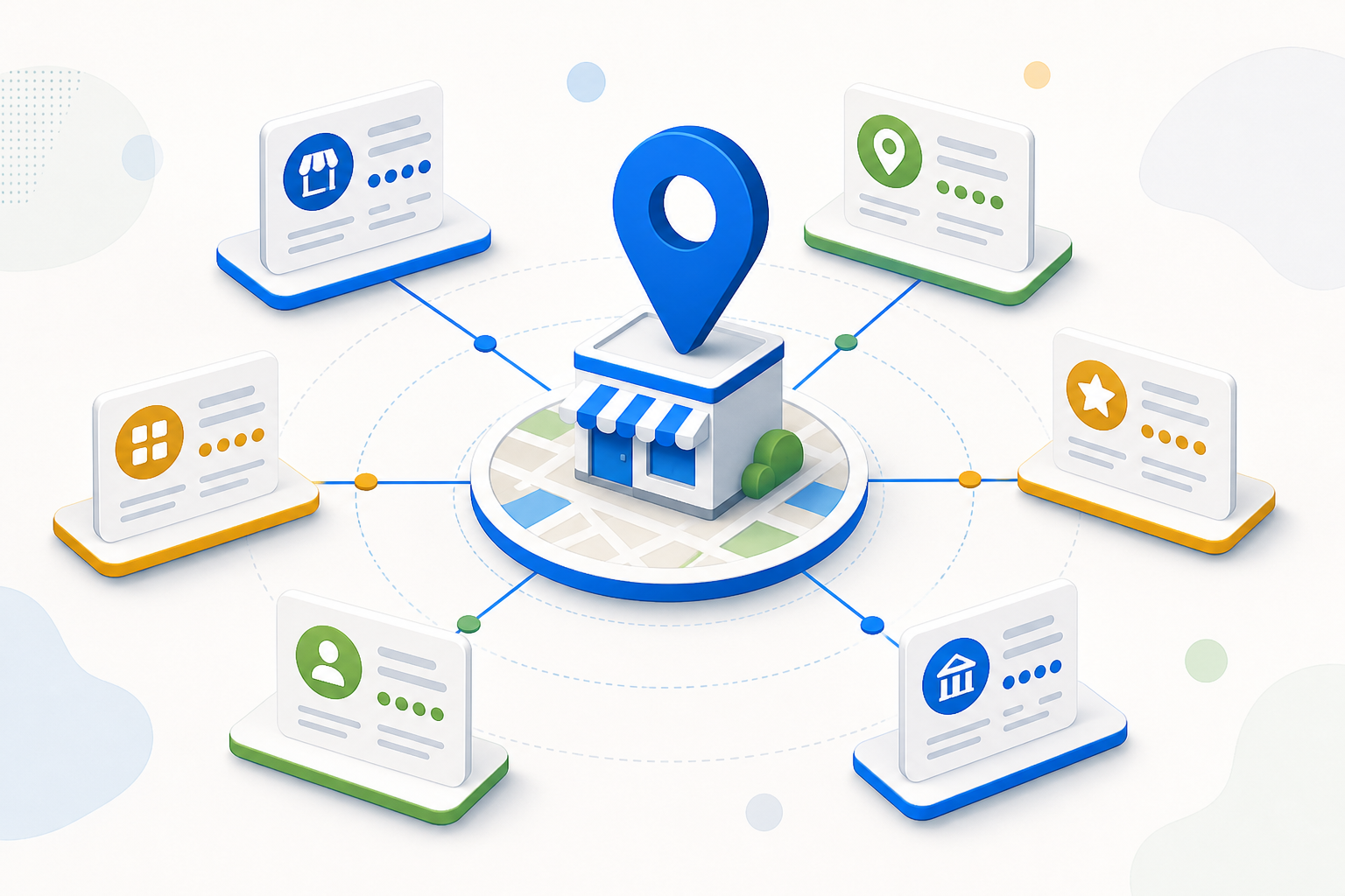 Connected local business citation network with a central location pin linked to multiple directory profiles
