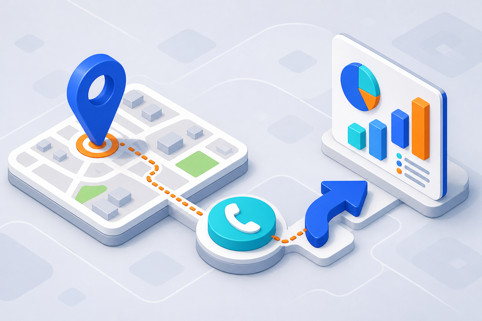 Local business profile insights dashboard with map pins, call activity, directions and customer actions