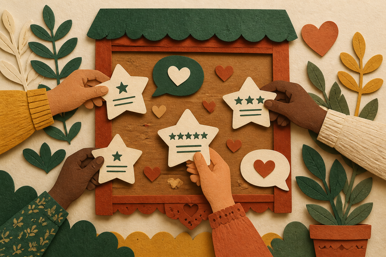 Customer feedback cards with star ratings being arranged by hands to represent genuine local business reviews