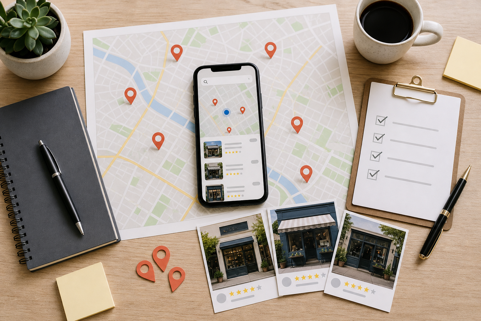 Local SEO strategy workspace with map, smartphone and business checklist