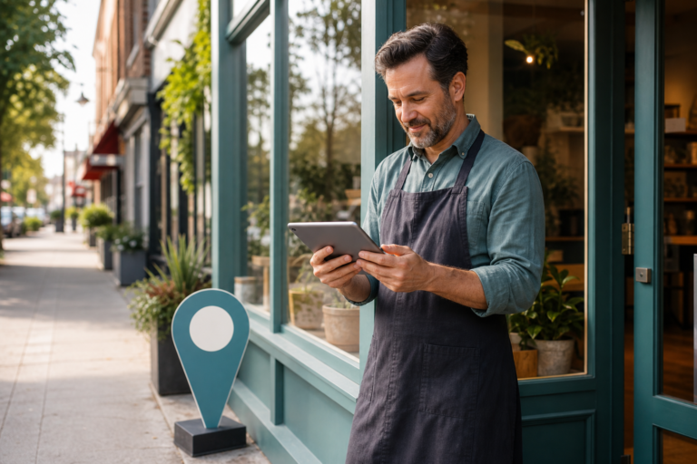 Independent shop owner checking accurate local business details on a tablet outside a storefront