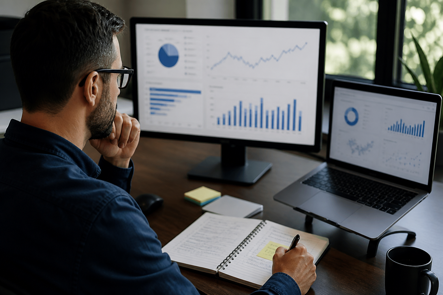 Marketing analyst comparing website analytics, lead quality and revenue data