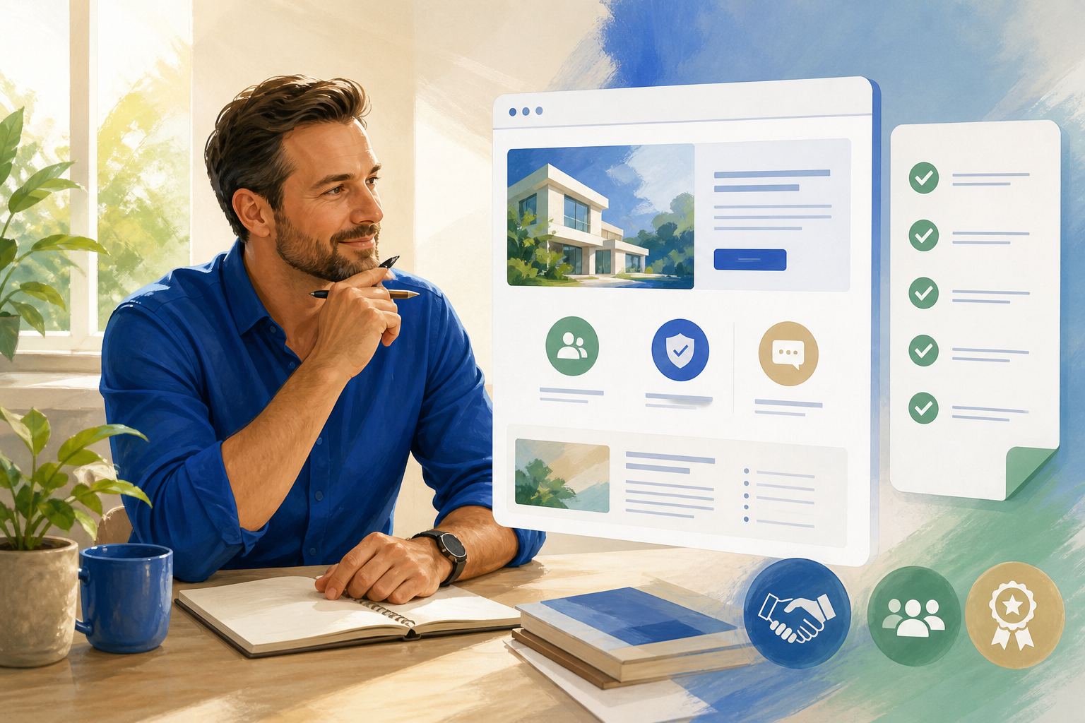 Service business owner reviewing an on-page SEO checklist and trust-focused website layout