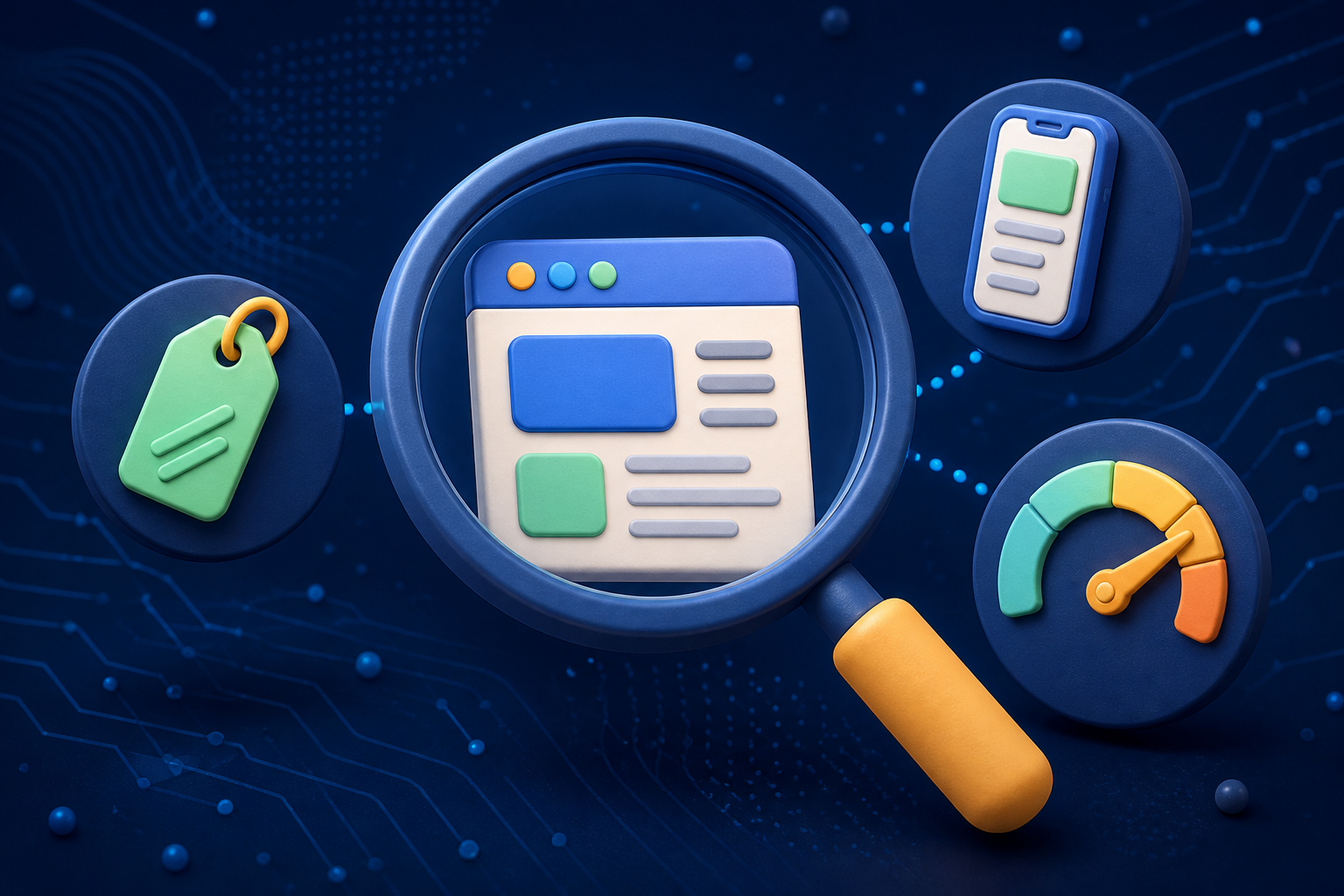 On-page SEO technical review with page title, mobile layout, and speed check symbols