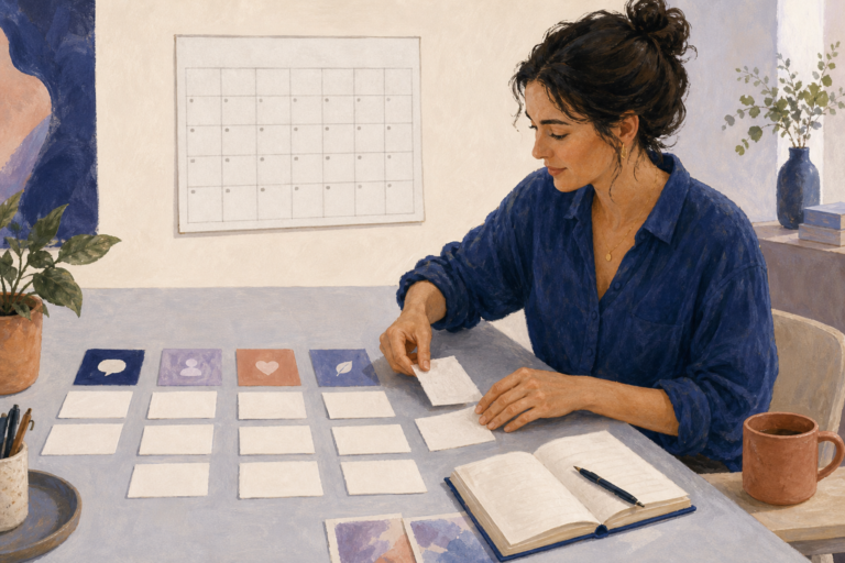 Business owner arranging customer question cards into an organised SEO content plan