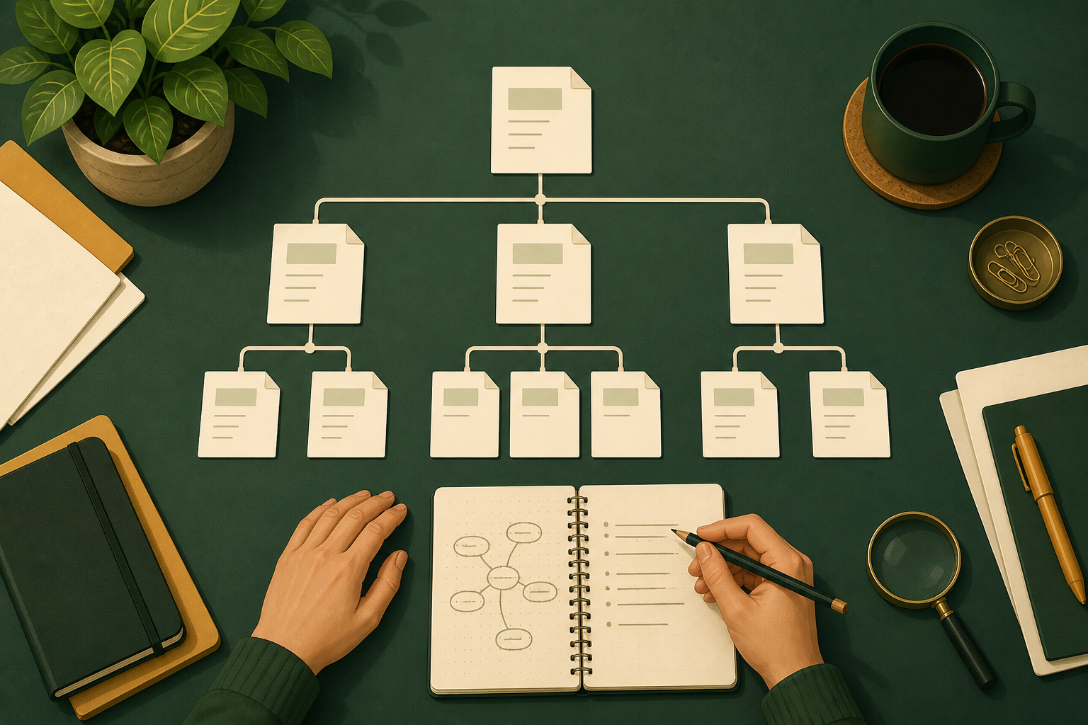 Content structure plan showing a main website page linked to related service and resource pages