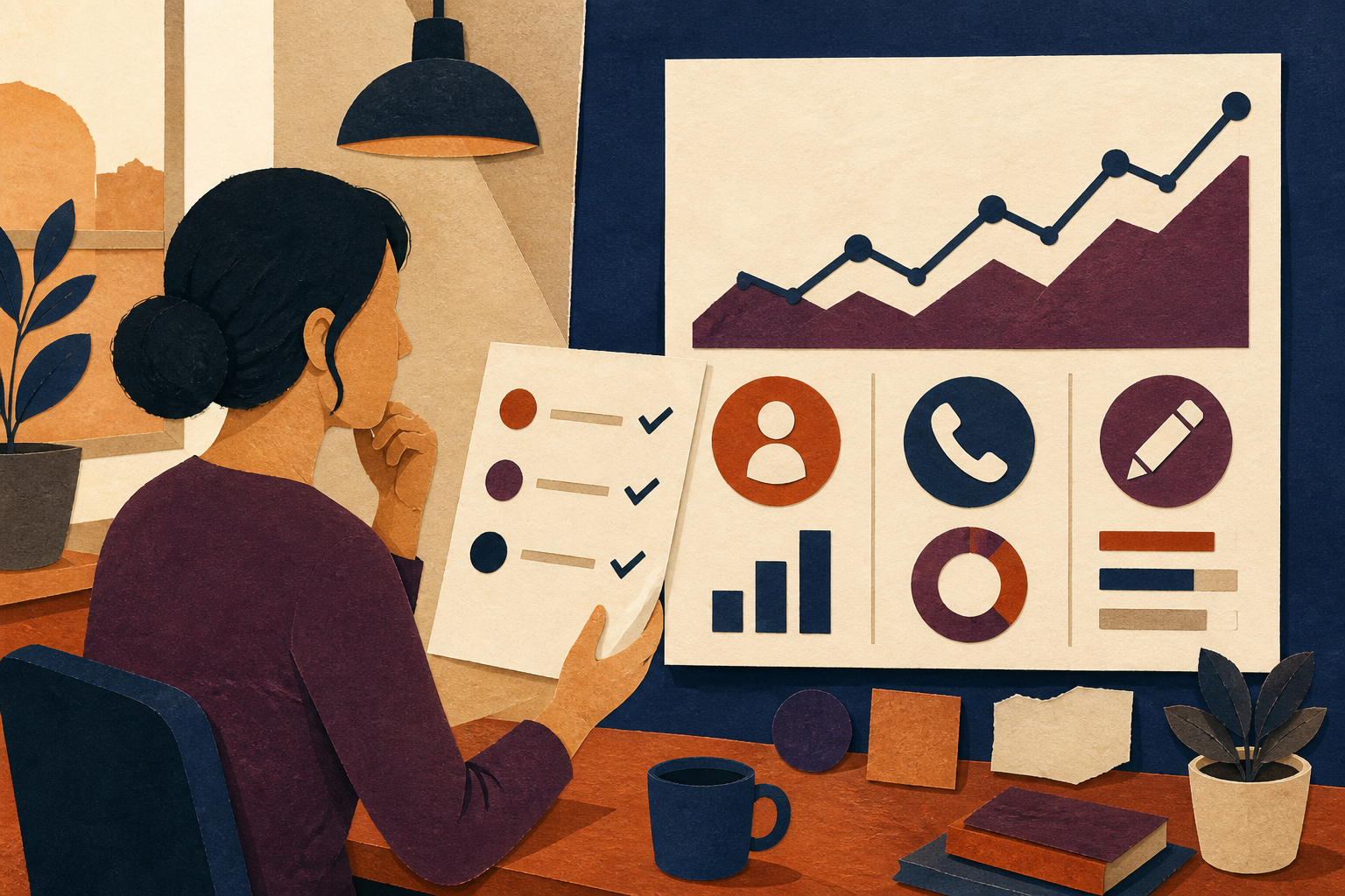 Business owner reviewing SEO performance using a checklist and an outcomes-focused analytics board