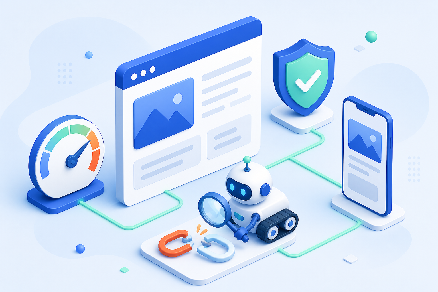 Technical SEO health check with website speed, security, mobile layout, and crawler review elements